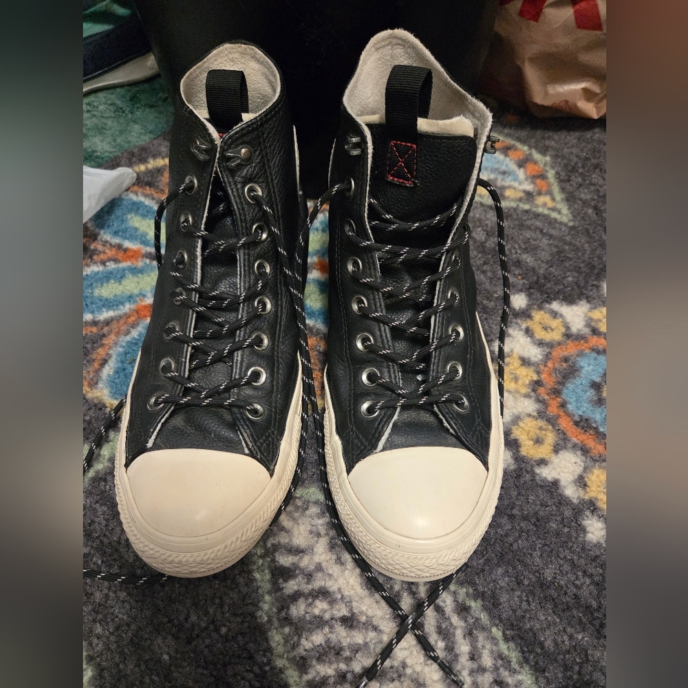 Classic Black Leather and White High-Top Sneakers